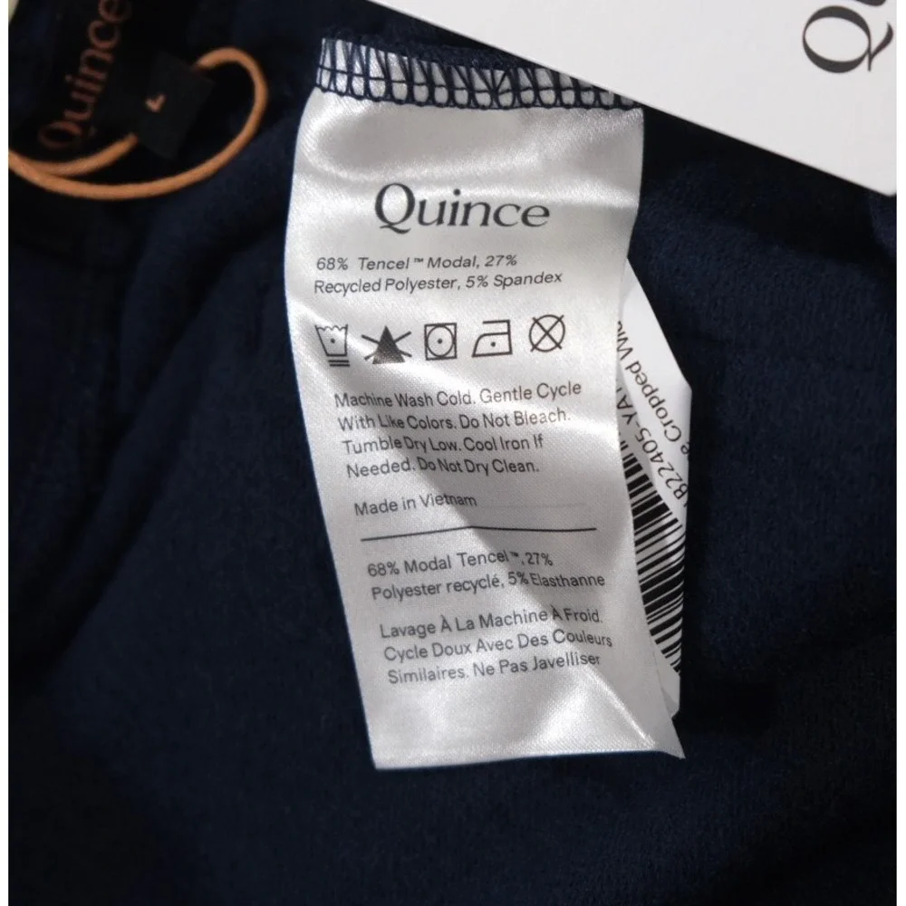 Quince Pants Women L Navy SuperSoft Fleece Wide Leg Cropped Drawstring Pockets
